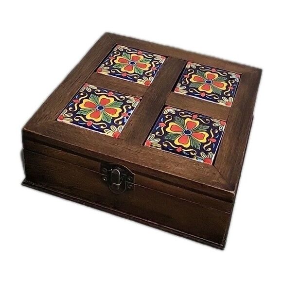 Ceramic Tile Top Wood Storage Trinket Jewelry Decor Rustic Box Mexico 6.5"x6.5" - Picture 3 of 9